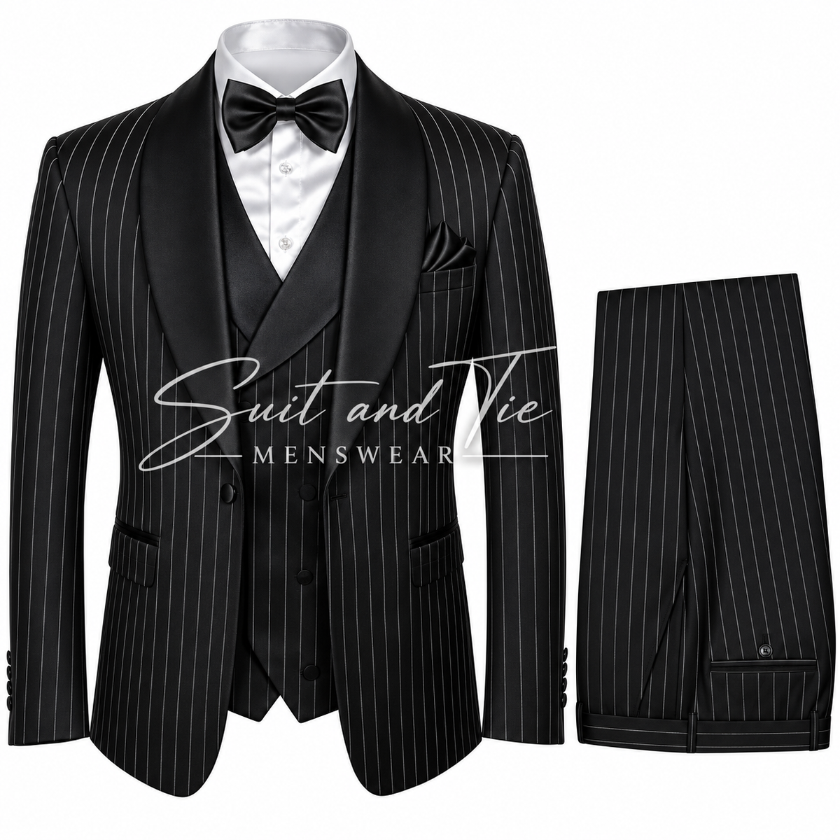 A men's formal suit set featuring a black pinstripe jacket with satin shawl lapels, a matching black pinstripe vest, black trousers, a black bow tie, and a white dress shirt, displayed on a white background with a 'Suit and Tie Menswear' watermark.