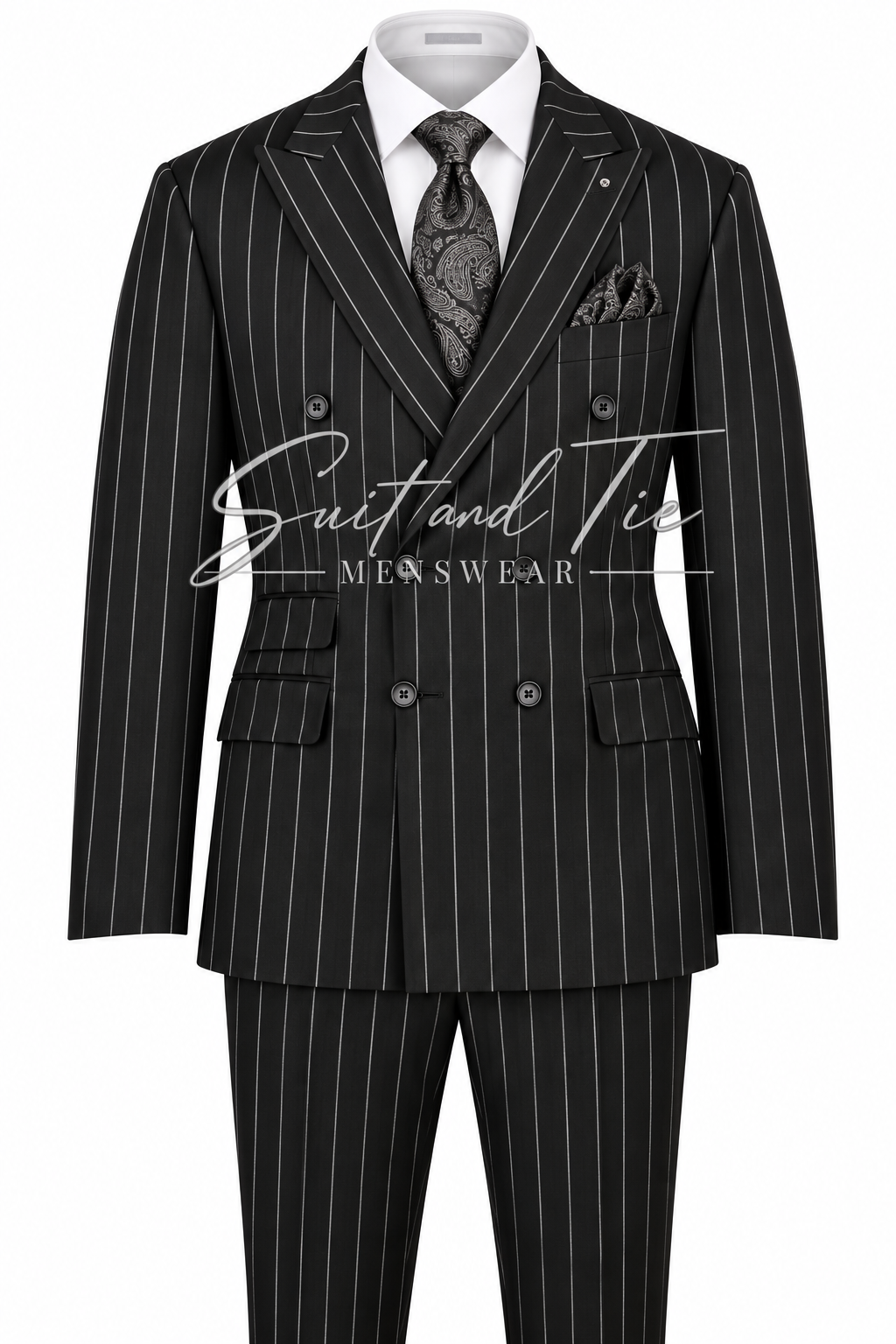 A black double-breasted pinstripe suit with a white dress shirt, a patterned gray tie, and a matching pocket square, displayed on a white background with a 'Suit and Tie' watermark.