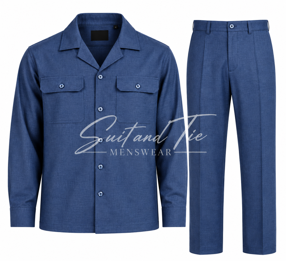 A men's two-piece work uniform set consisting of a blue long-sleeve button-up shirt with chest pockets and matching blue trousers, shown on a plain white background with a 'Suit and Tie Menswear' watermark.