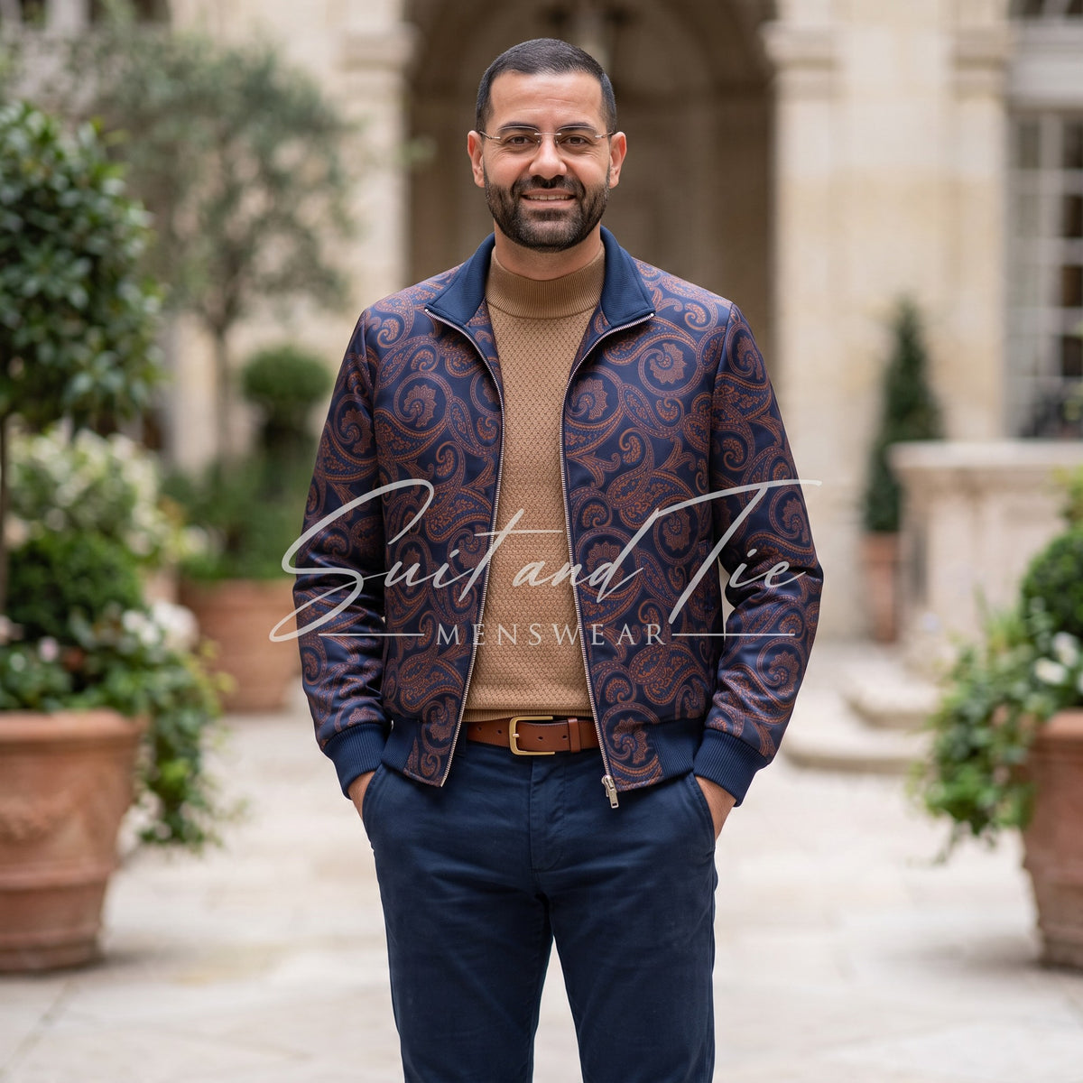 A man wearing a navy blue and brown paisley patterned bomber jacket over a tan turtleneck sweater, navy trousers, and a brown belt, standing in a garden courtyard. A 'Suit and Tie MENSWEAR' watermark is visible across the center.
