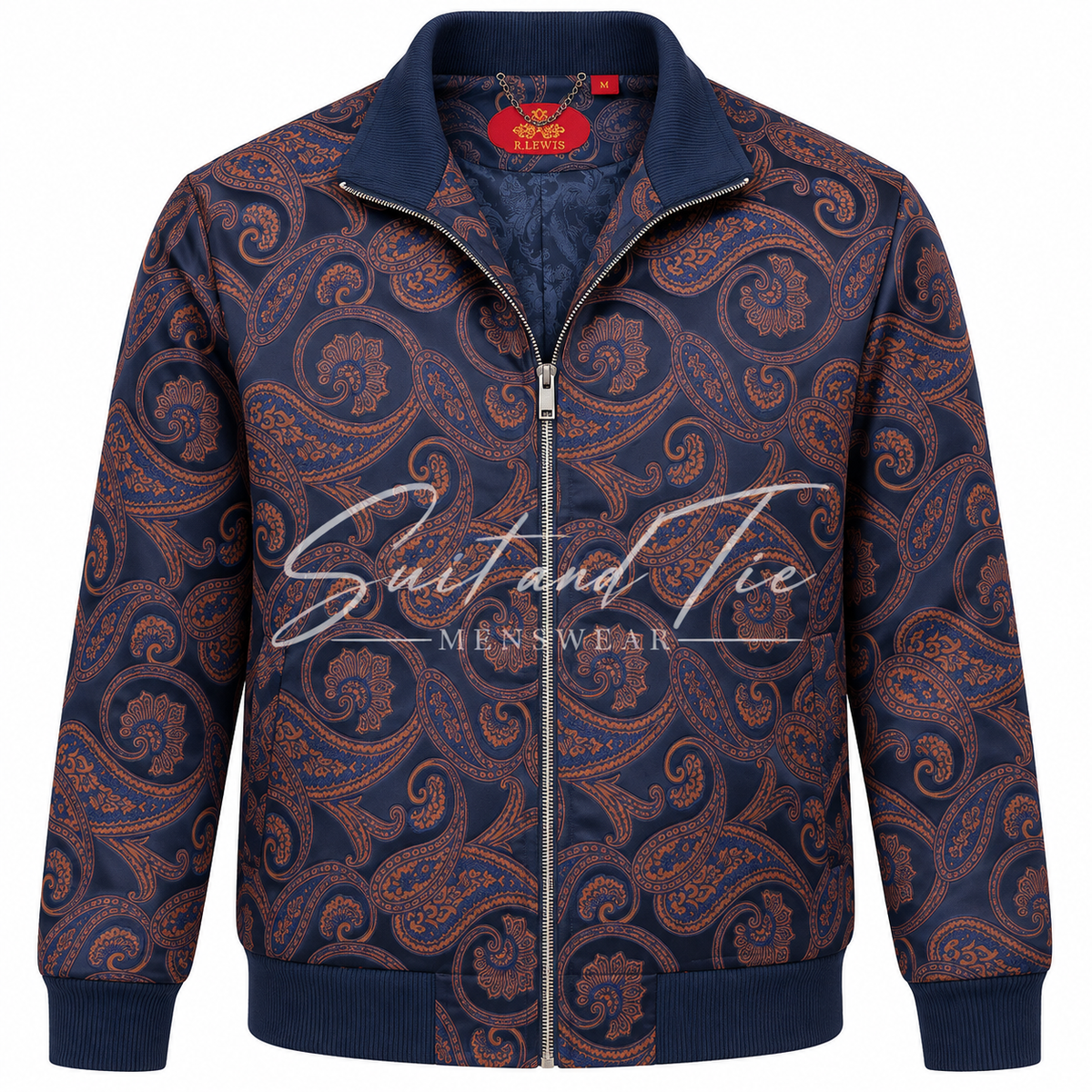 A men's zip-up jacket with a navy blue base and an intricate brown paisley pattern, featuring a solid navy collar, cuffs, and hem. A silver zipper runs down the front, and a 'Suit and Tie MEN'SWEAR' watermark is overlaid across the center.
