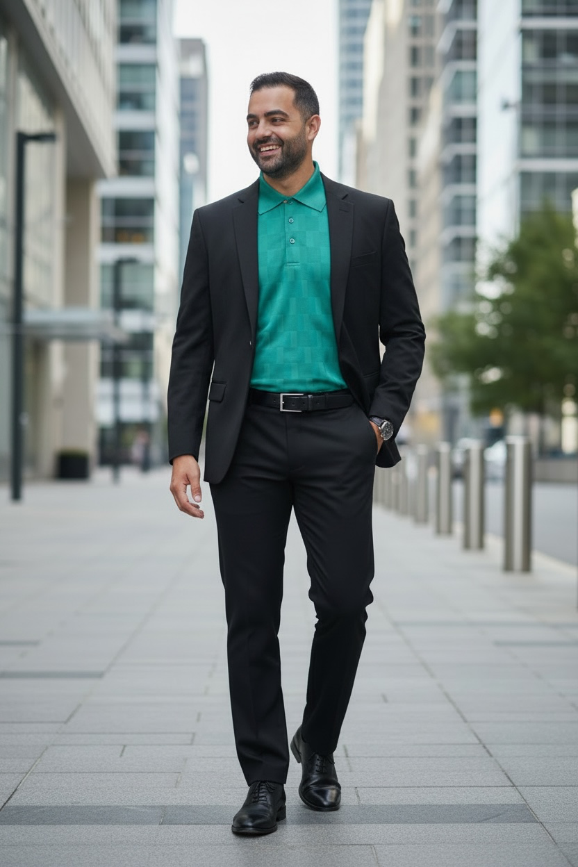 Man in a black suit and green shirt walking on a city street.