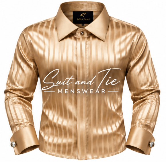 A metallic gold long-sleeve button-up shirt with vertical pinstripes, featuring a pointed collar, button cuffs with silver cufflinks, and a 'Suit and Tie MENSWEAR' logo printed across the chest.