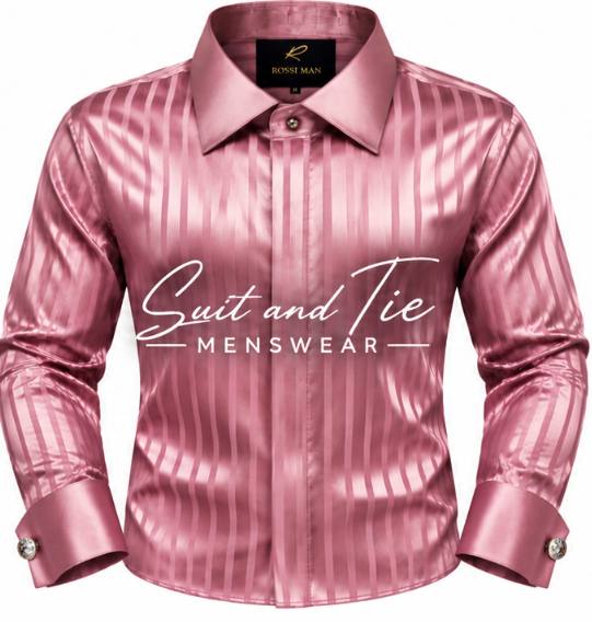 A metallic pink long-sleeve dress shirt with vertical stripes, featuring a collar, button-down front, and a white 'Suit and Tie MENSWEAR' logo printed across the chest.