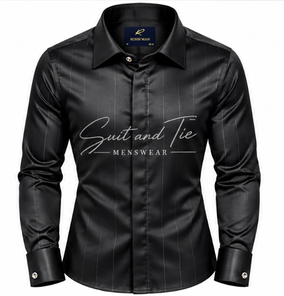 A men's black long-sleeve dress shirt with thin vertical pinstripes, featuring a pointed collar, buttoned front, and a large white 'Suit and Tie MENSWEAR' logo printed across the chest. The brand label inside the collar reads 'ROSSI MAN'.