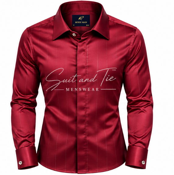 A men's long-sleeve dress shirt in a rich red satin-like fabric with subtle vertical pinstripes. The shirt features a classic pointed collar, button-down front, and a white 'Suit and Tie MENSWEAR' logo printed across the chest.