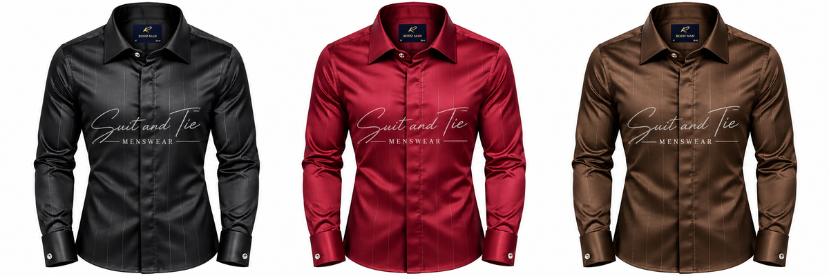 Three long-sleeve collared dress shirts shown side by side on a plain white background: black, deep red, and brown. Each shirt has a large white script logo across the chest reading 'Suits and Tie MENWEAR'.