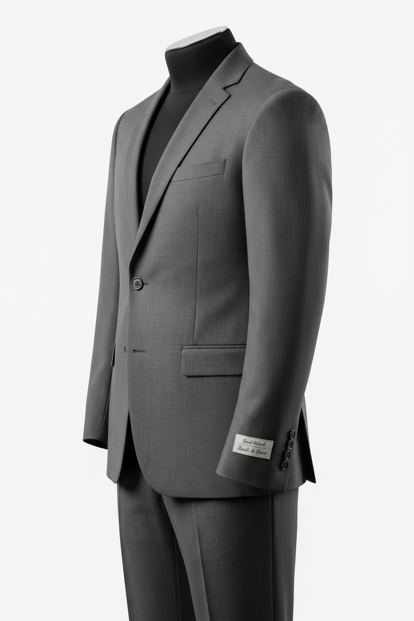 A gray two-piece suit displayed on a black mannequin torso against a clean white studio background. The jacket is shown in side profile with notch lapels, a single-breasted button closure, flap pockets, and a visible size label near the cuff.