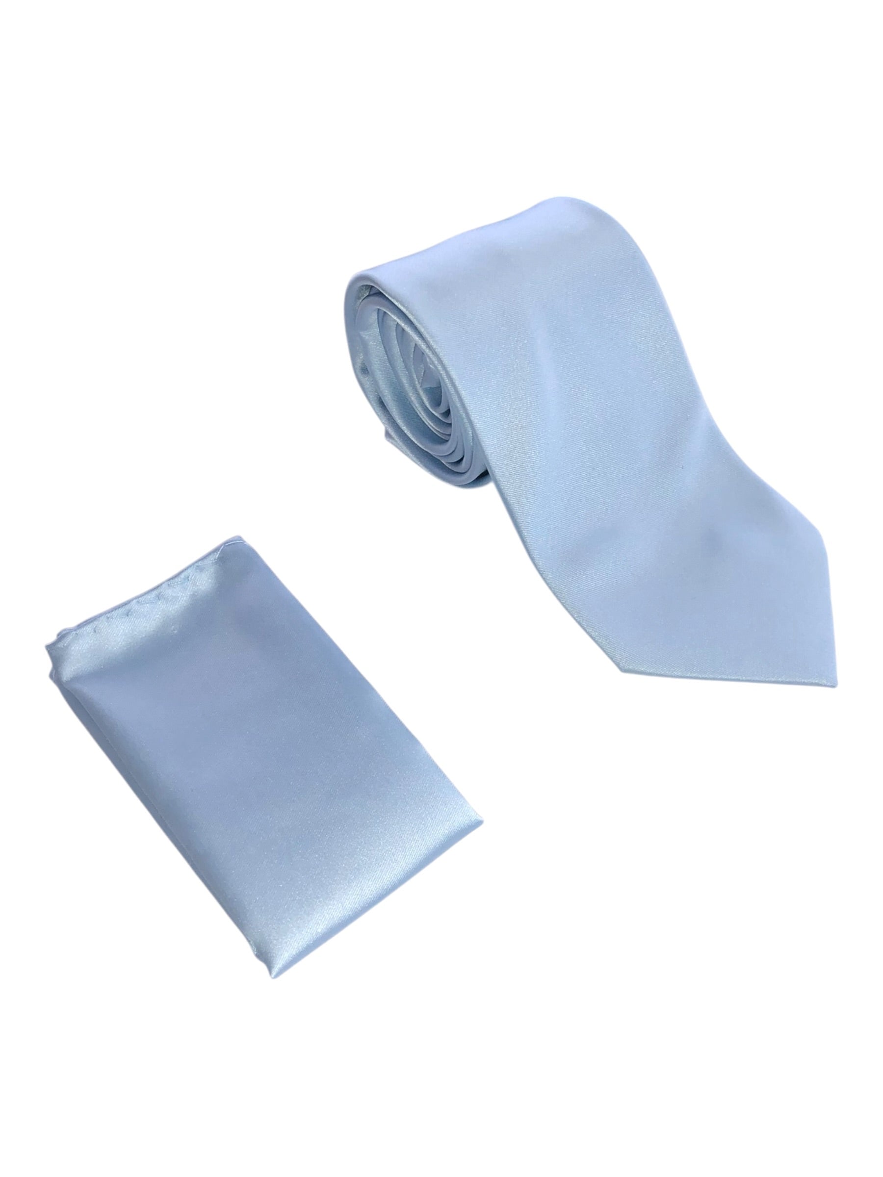 A powder blue blue necktie and matching pocket square set, displayed on a clean white background.