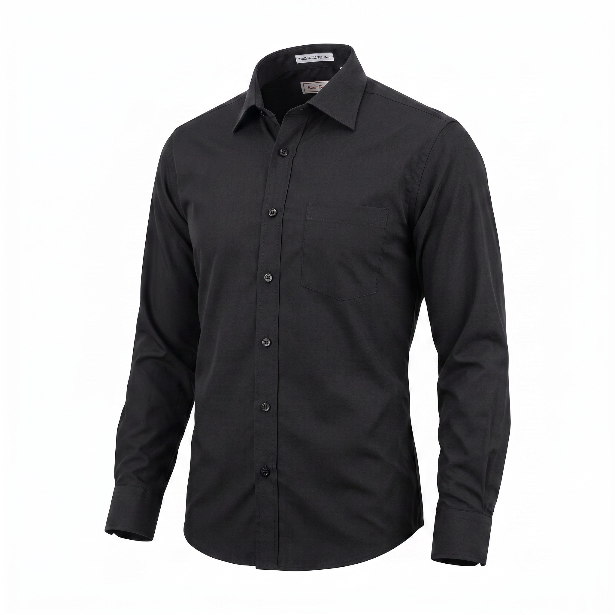 A black long-sleeve button-down dress shirt with a pointed collar, displayed on a clean white background.