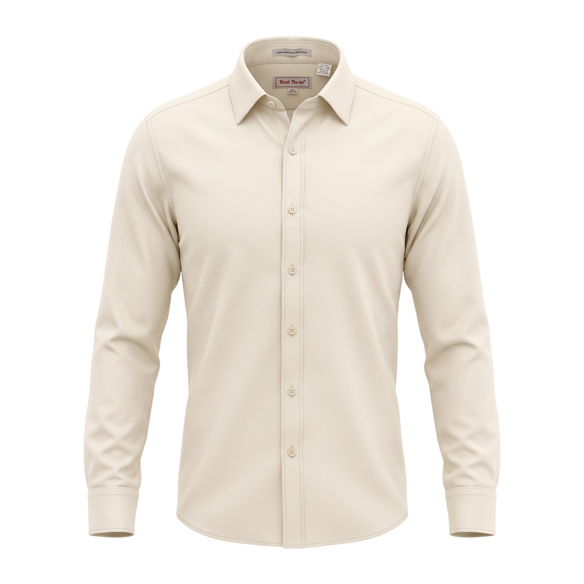 A long-sleeve button-down dress shirt in a light cream or off-white color, displayed on a ghost mannequin against a plain white background.