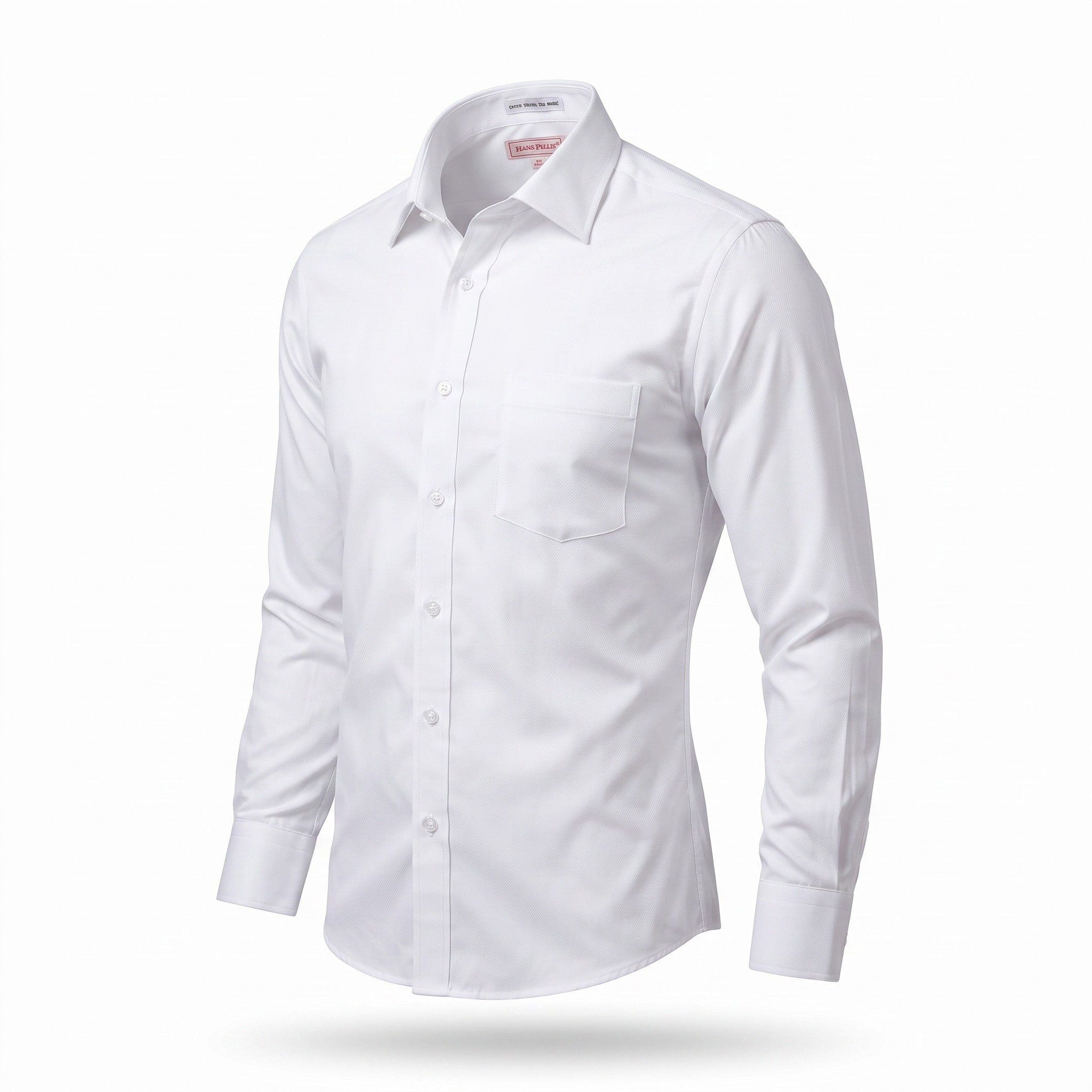 A white long-sleeve button-down dress shirt with a classic collar and a single chest pocket, shown on a clean white background with a soft drop shadow.