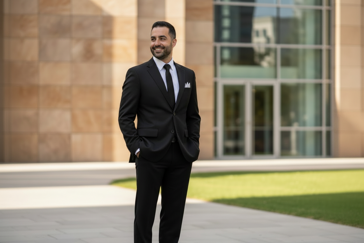 Man in a black suit standing outdoors with modern building in the background