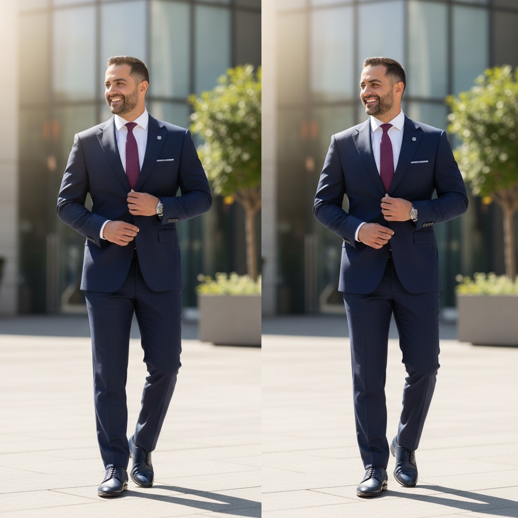 Man in a navy suit with a red tie standing outdoors.