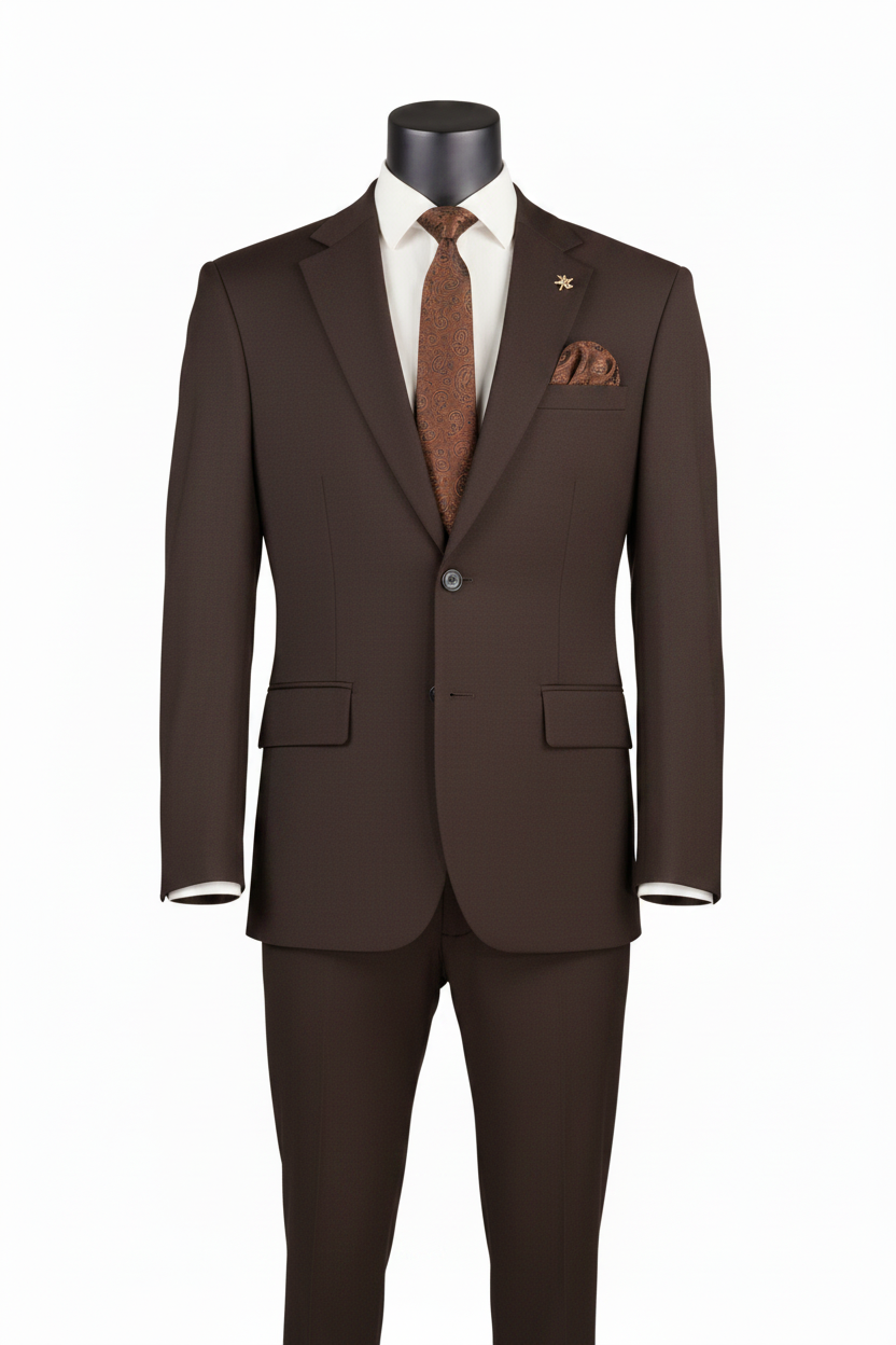 A dark brown three-piece suit displayed on a black mannequin torso, styled with a white dress shirt, a brown patterned tie, and a matching brown pocket square.