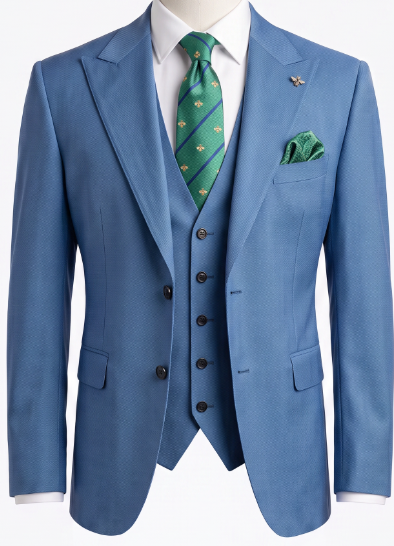 A men's three-piece suit in a textured medium blue fabric, styled with a white dress shirt, a green patterned tie, and a matching green pocket square, shown on a mannequin torso against a plain white background.
