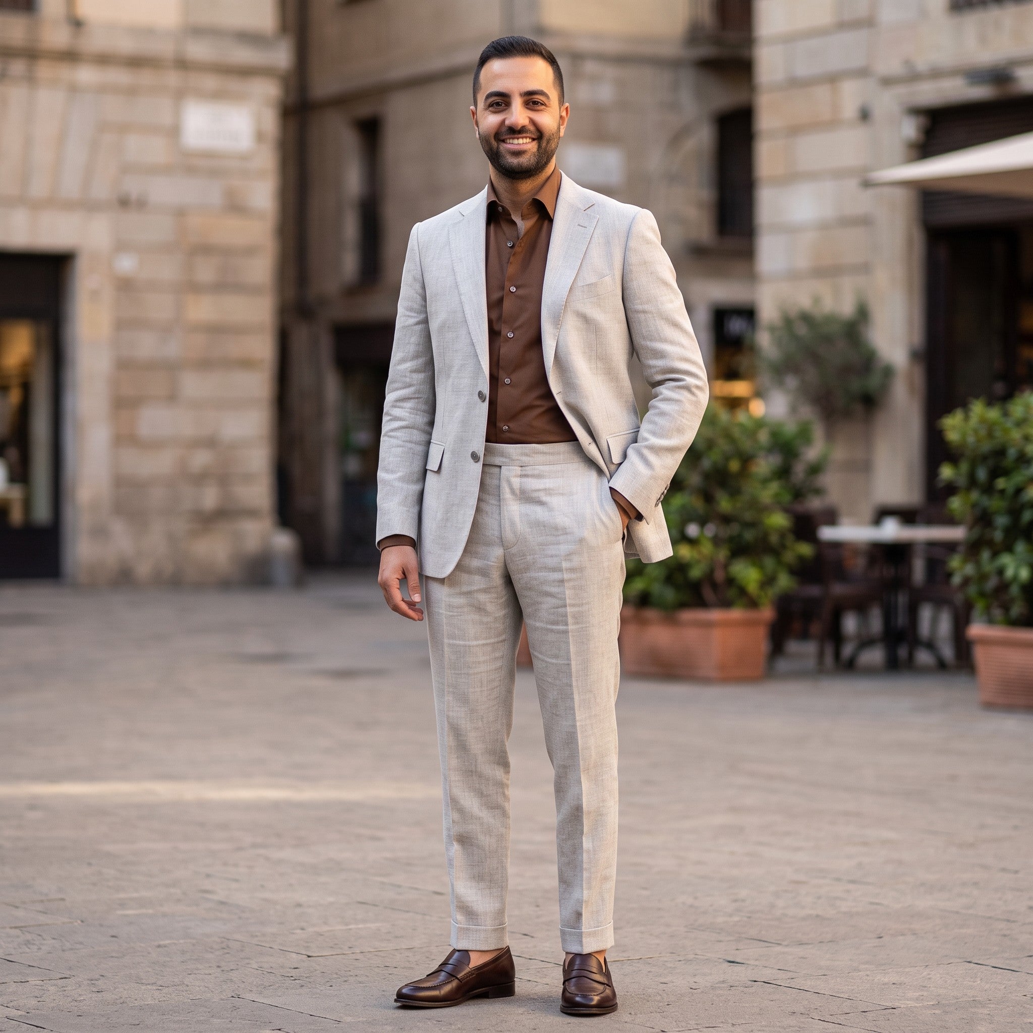 A man wearing a natural color linen-blend suit with a brown button-down shirt and brown leather loafers, standing in a sunny outdoor plaza with blurred stone buildings and potted plants in the background.