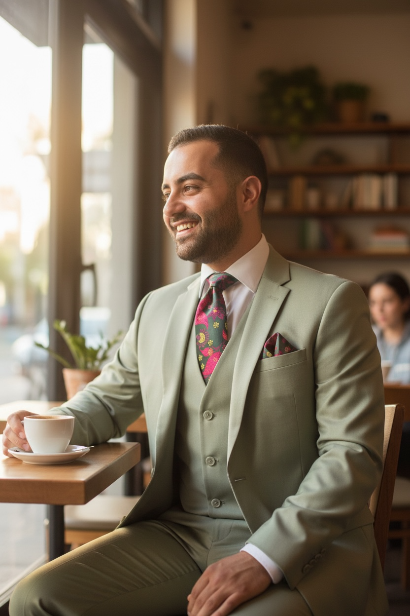 Man in a light green suit sitting at a cafe, smiling.