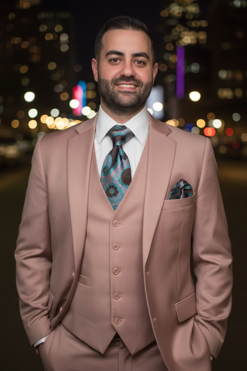 Man in a pink suit with a colorful tie standing against a cityscape background