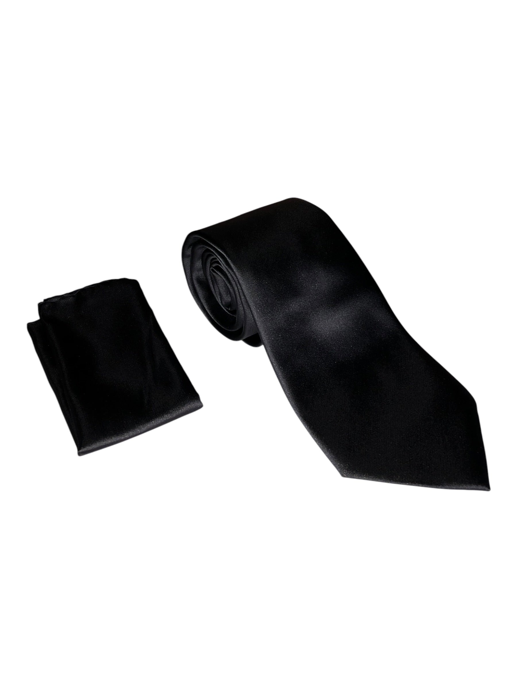 Solid Black Tie and Pocket Square with White Background