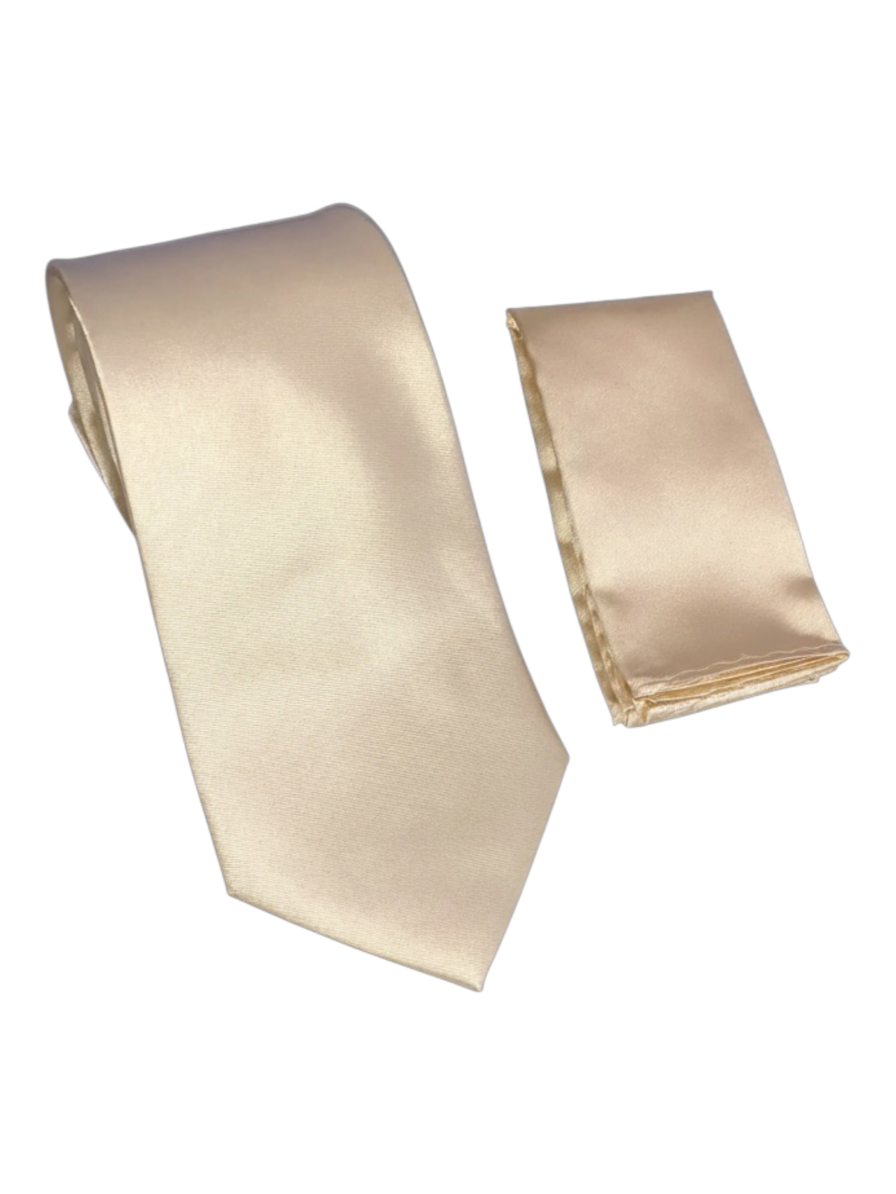 A light beige satin necktie and matching pocket square set, displayed on a clean white background.