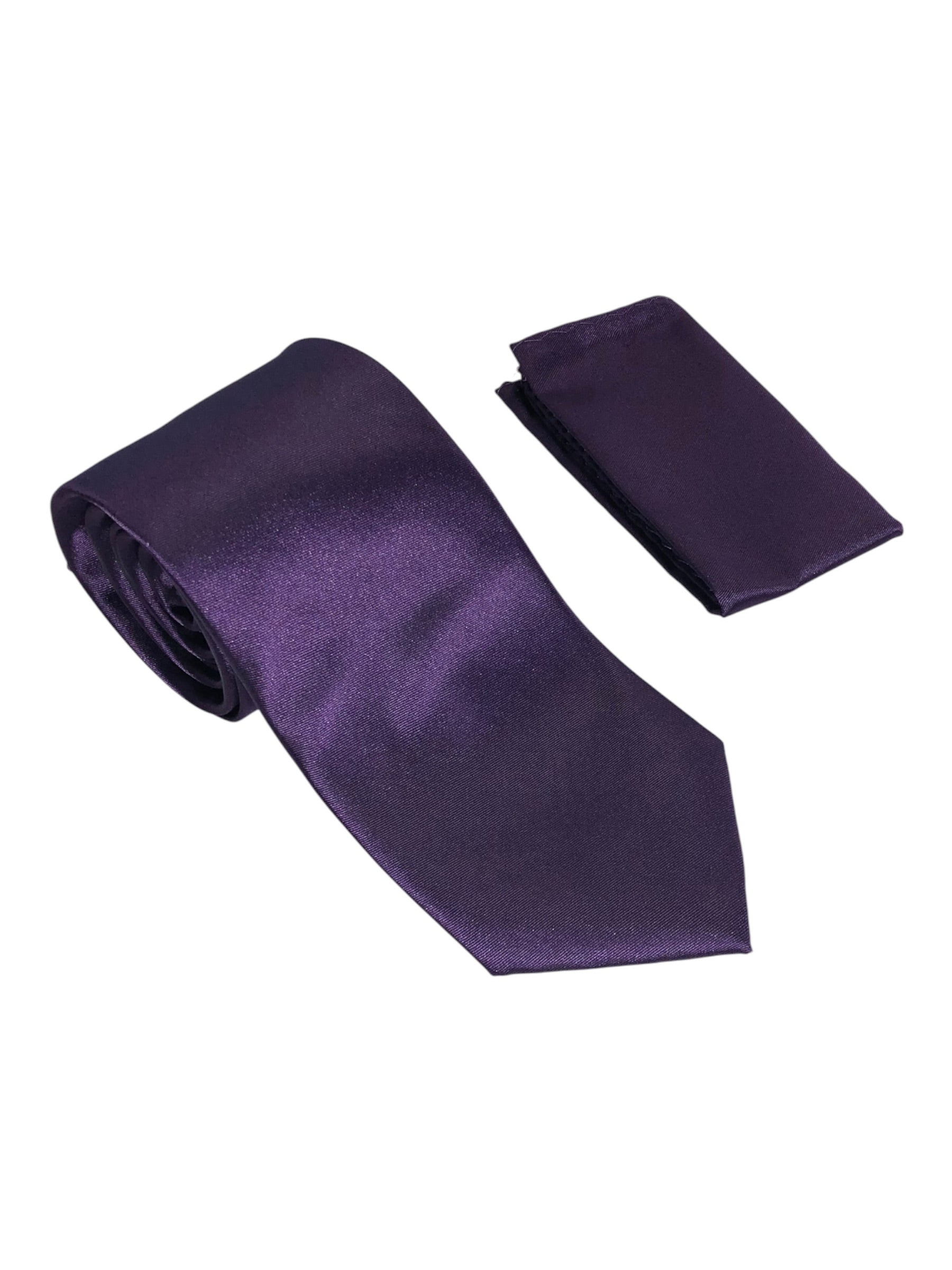 A dark purple satin necktie and matching pocket square set, displayed on a clean white background.