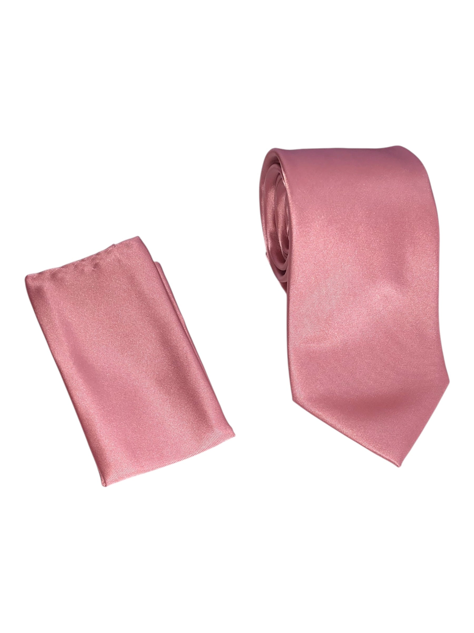 A pink silk necktie and matching pocket square set, displayed on a clean white background.