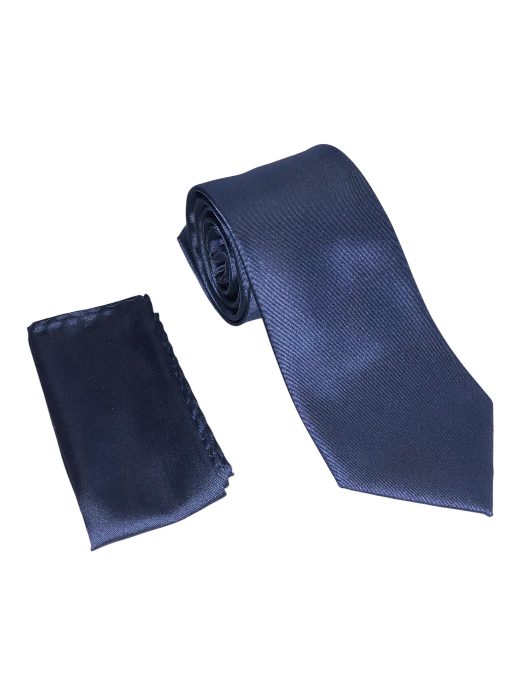 A navy blue silk necktie and matching pocket square set, displayed on a clean white background.