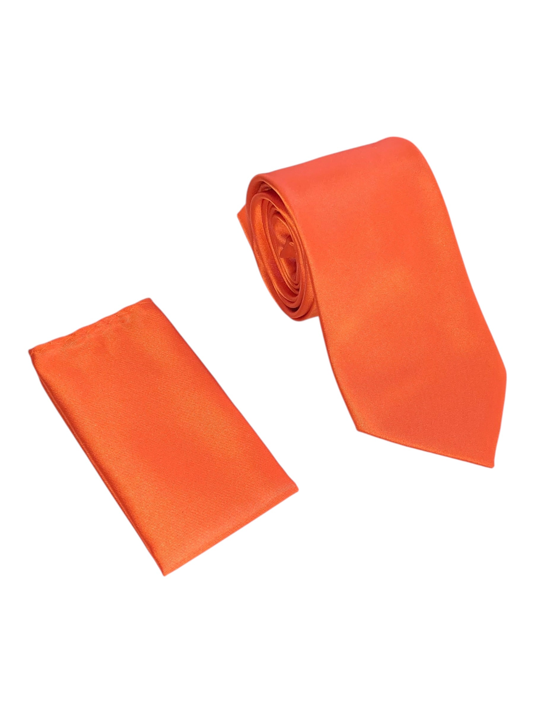 An orange necktie and matching orange pocket square set, displayed on a clean white background.