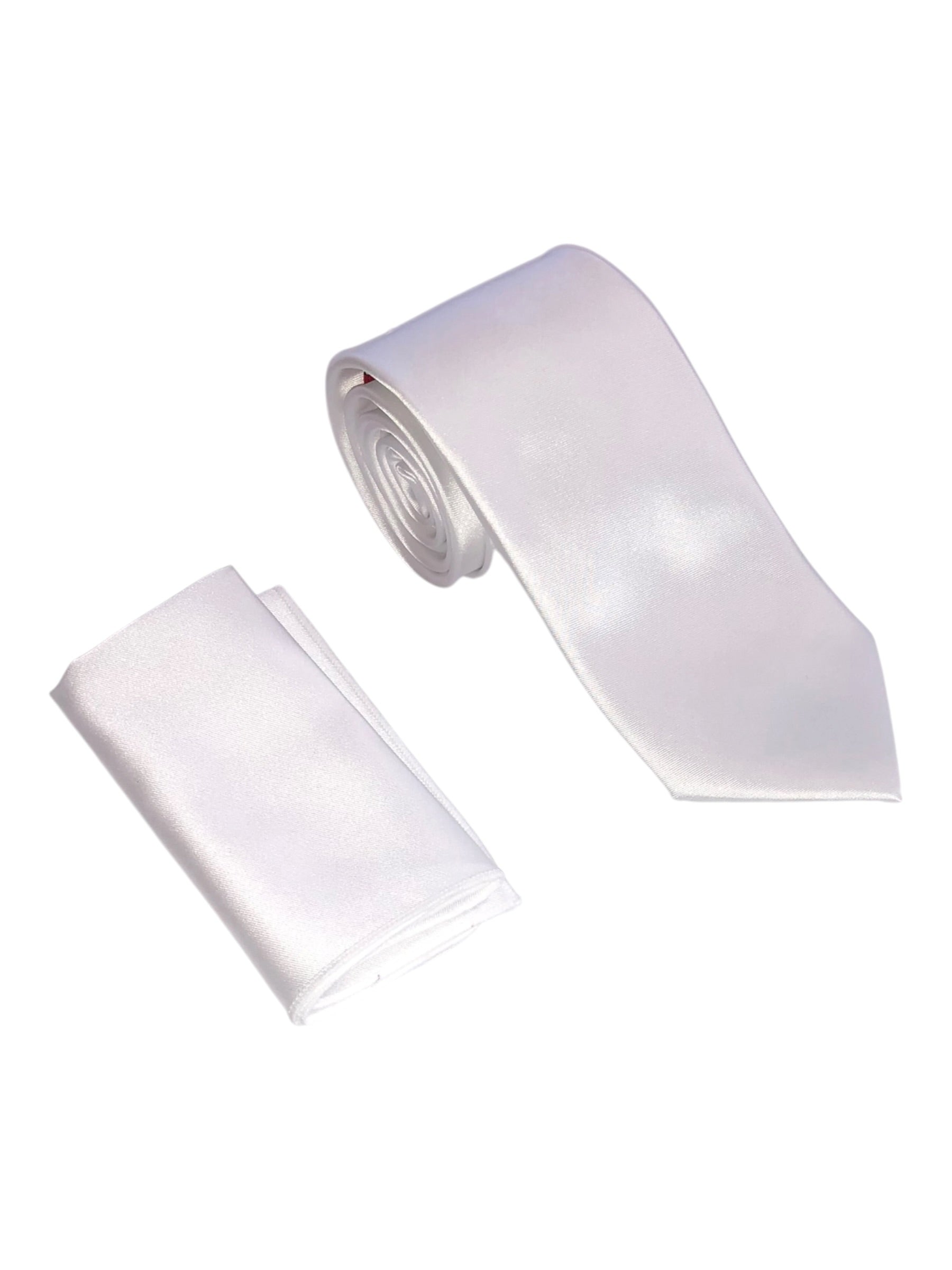 A White silk necktie and matching pocket square set, displayed on a clean white background.