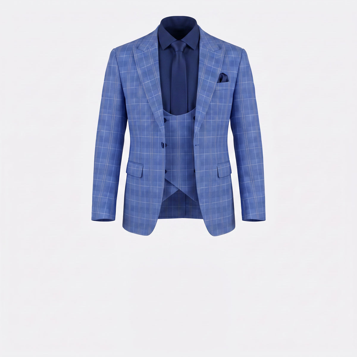 A men's three-piece suit in a medium blue windowpane plaid pattern, featuring a blazer, matching vest, and trousers, styled with a dark blue shirt, tie, and pocket square on a light gray background.