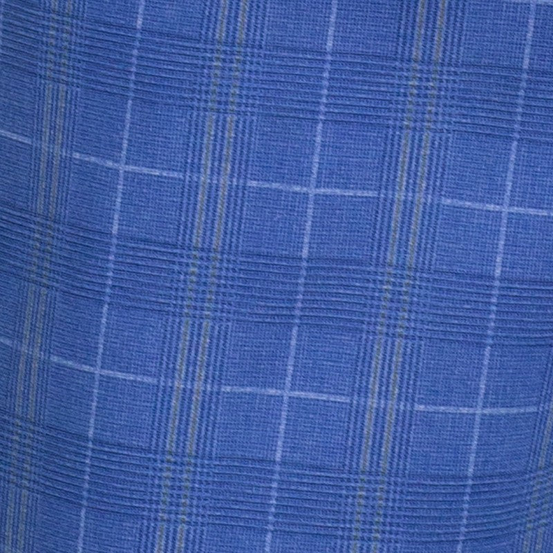 A close-up of a blue plaid fabric texture with white and thin yellow stripes forming a grid pattern.