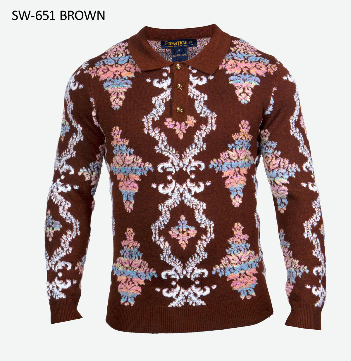 A brown knit polo sweater with a detailed multicolor damask pattern in pink, blue, and white, featuring a three-button placket. The brand name 'FENRUE' is visible on the inner neck label.