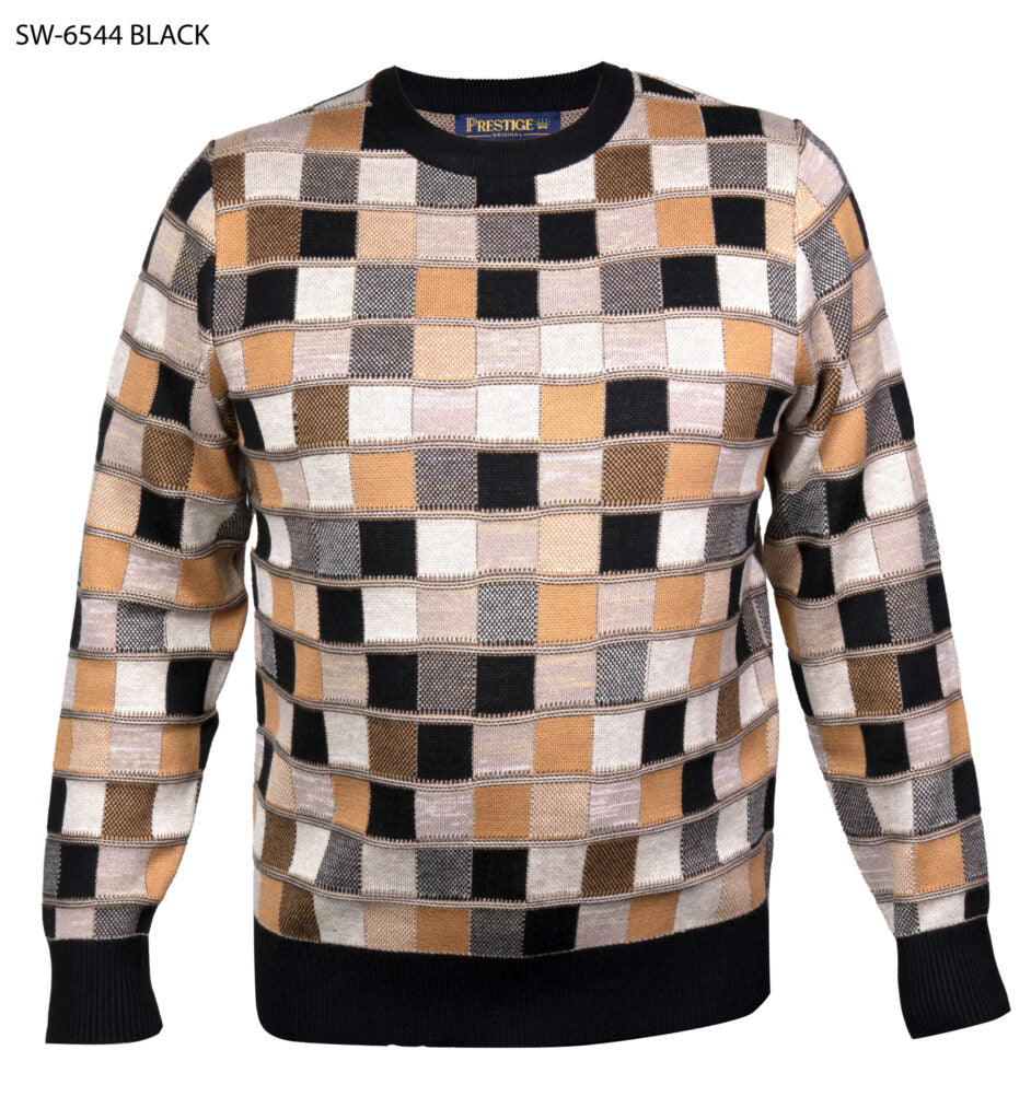 A men's long-sleeve knit sweater with a black crew neck, ribbed cuffs, and a black ribbed hem. The body features a large checkered pattern composed of black, beige, brown, and off-white squares.