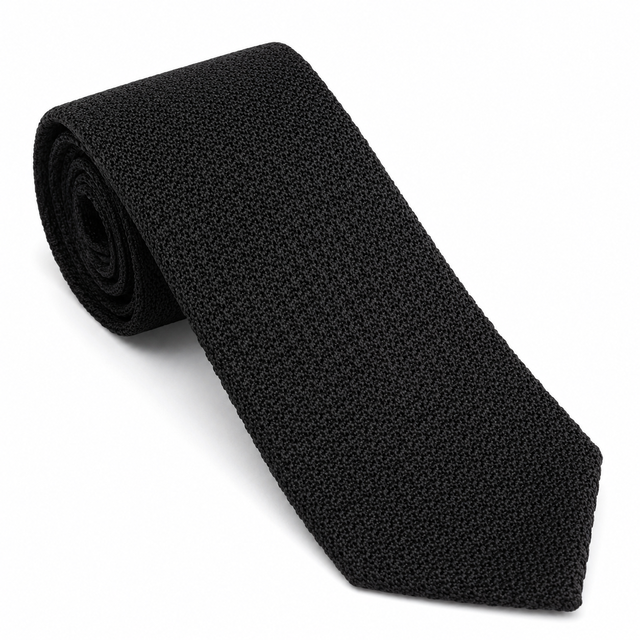 A rolled black textured necktie with a fine woven pattern, displayed on a clean white background.
