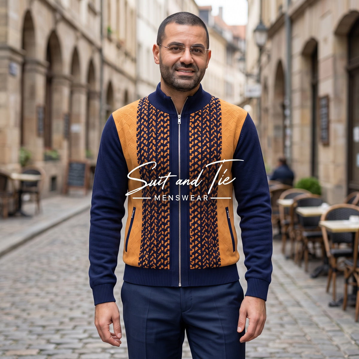 A man wearing a navy and mustard yellow knit zip-up sweater vest with a geometric pattern, standing on a cobblestone street. The brand name 'Suit and Tie Menswear' is overlaid on the center of the image.