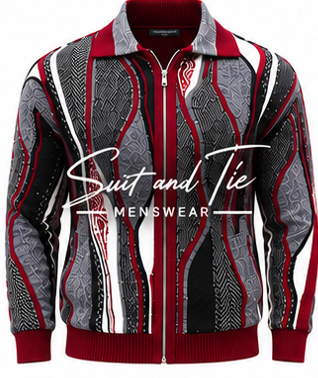 A men's zip-up jacket with a bold abstract pattern in black, gray, white, and red. The jacket features a stand-up collar, a front zipper, ribbed cuffs, and a ribbed hem.