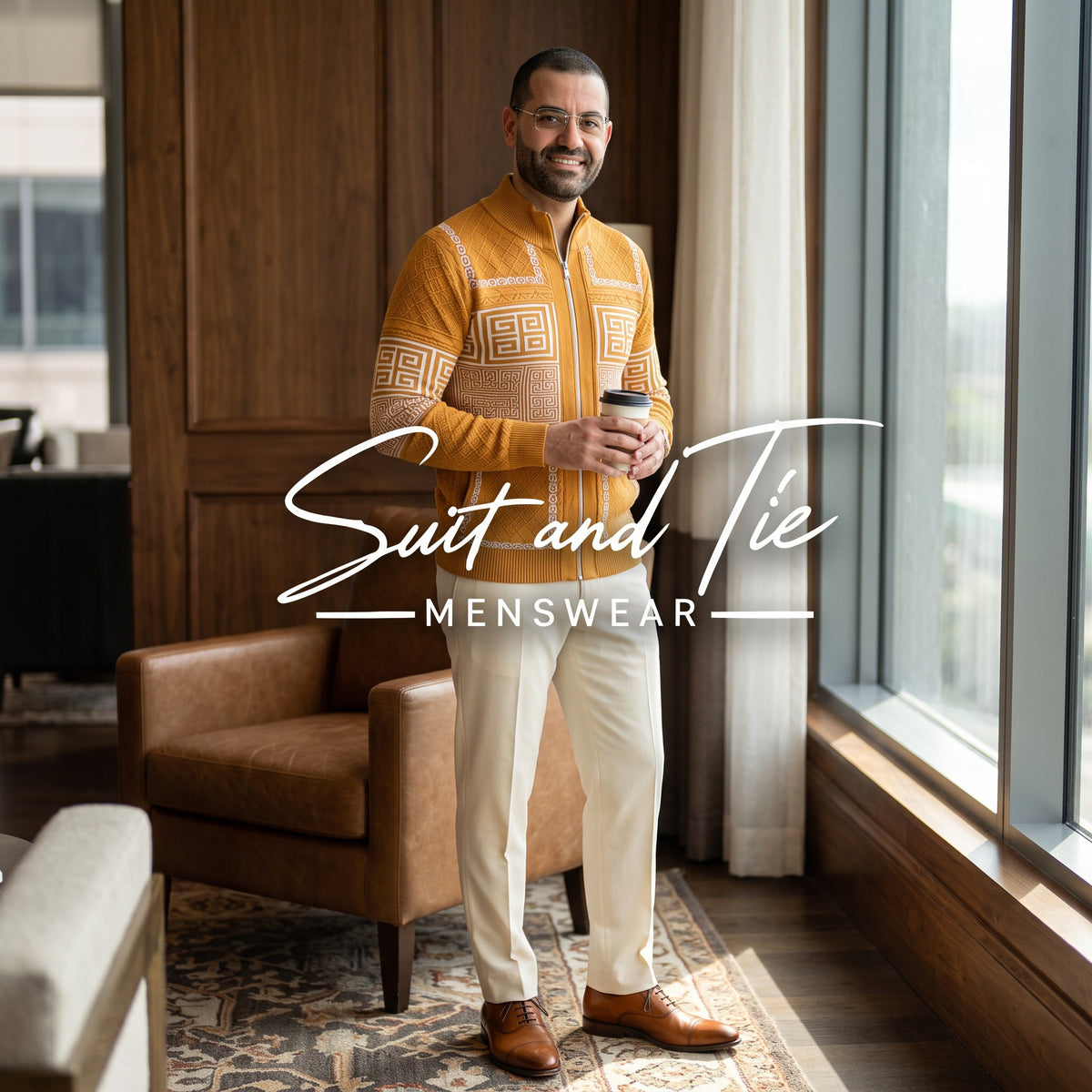 A man stands in a modern room by a window wearing a mustard yellow patterned zip-up sweater, cream dress pants, and brown leather shoes, holding a coffee cup. Large white text overlay reads 'Suit and Tie MENSWEAR'.