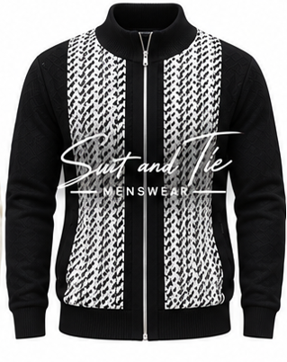 A men's zip-up jacket with black sleeves and a black ribbed collar, cuffs, and hem, featuring a bold black and white houndstooth patterned front panel. A white 'Suit and Tie MENSWEAR' logo is printed across the center.
