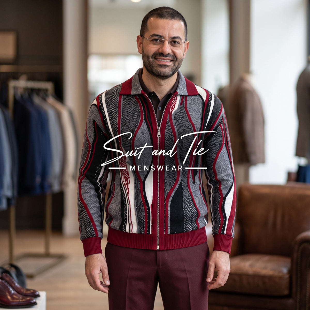A man wearing a patterned zip-up jacket with red and gray stripes, paired with dark trousers, standing in a clothing store. The jacket features a geometric pattern in gray, black, red, and white, with a red ribbed collar, hem, and cuffs.