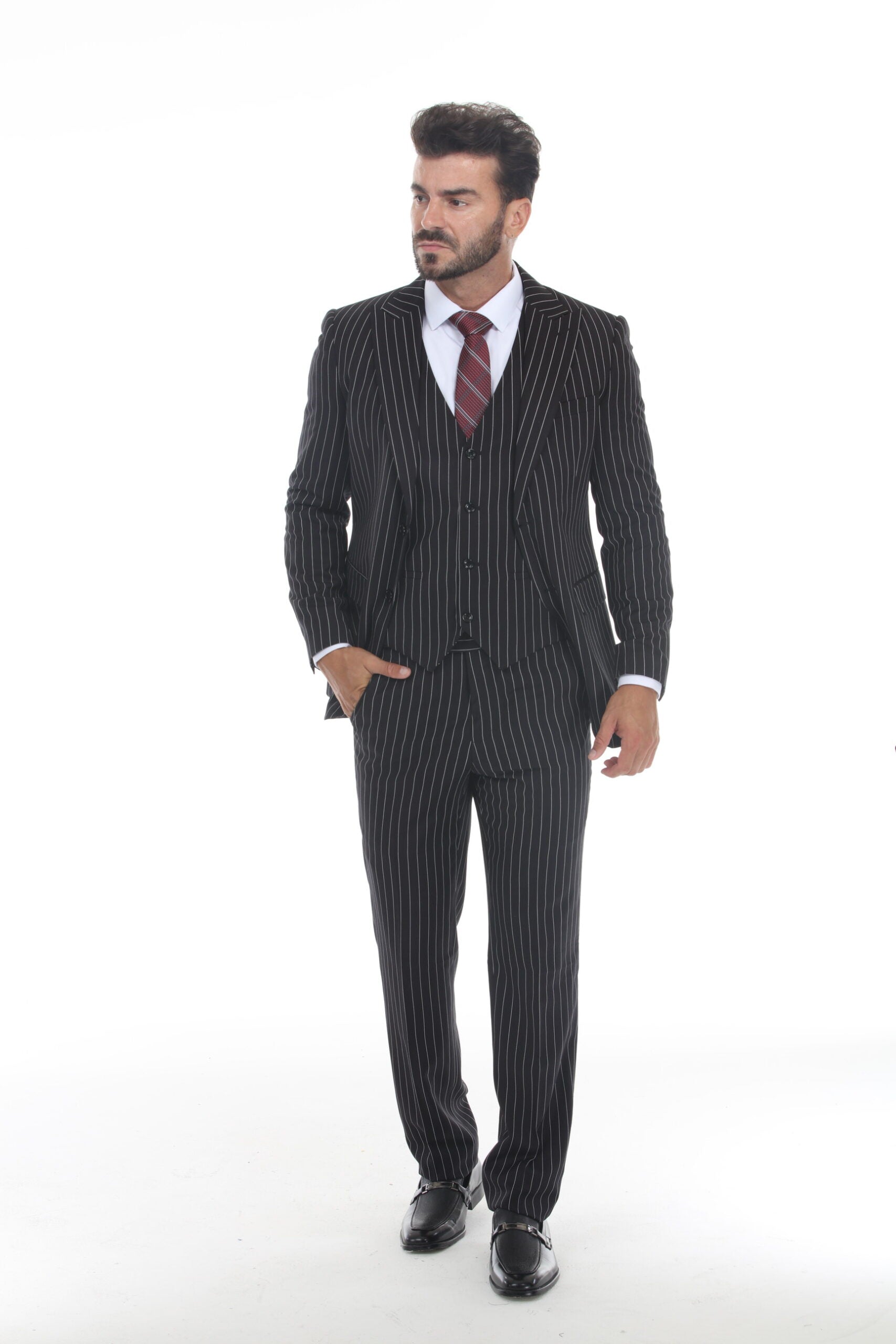 Derman | TEKPIN | Pinstripe 3-Piece Notch Lapel Vested Suit