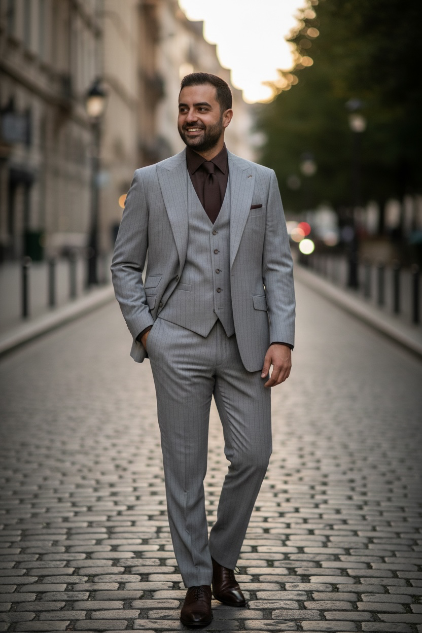 Man in a gray suit walking on a city street