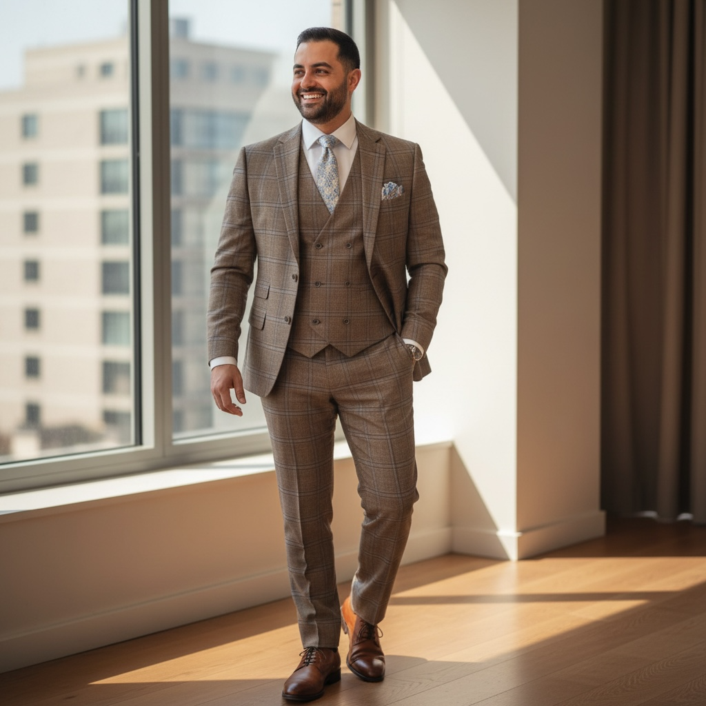 Man in a brown checkered suit standing in a well-lit room with large windows.