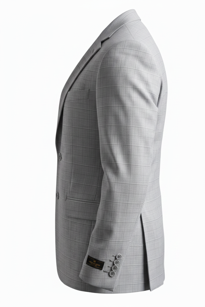 A light gray windowpane check blazer shown in a side profile view against a plain white background.