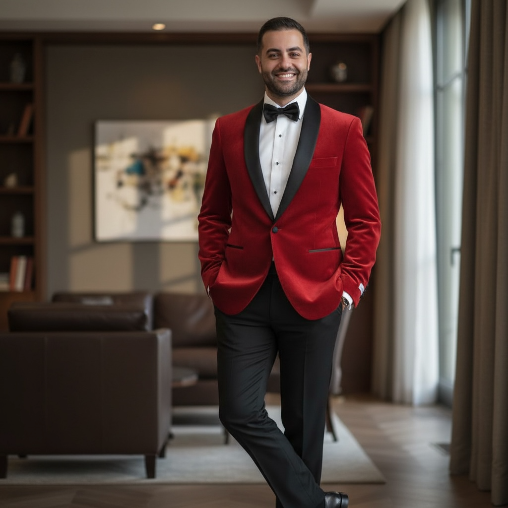 Man in a red blazer with black lapels and bow tie standing in a room with brown furniture.