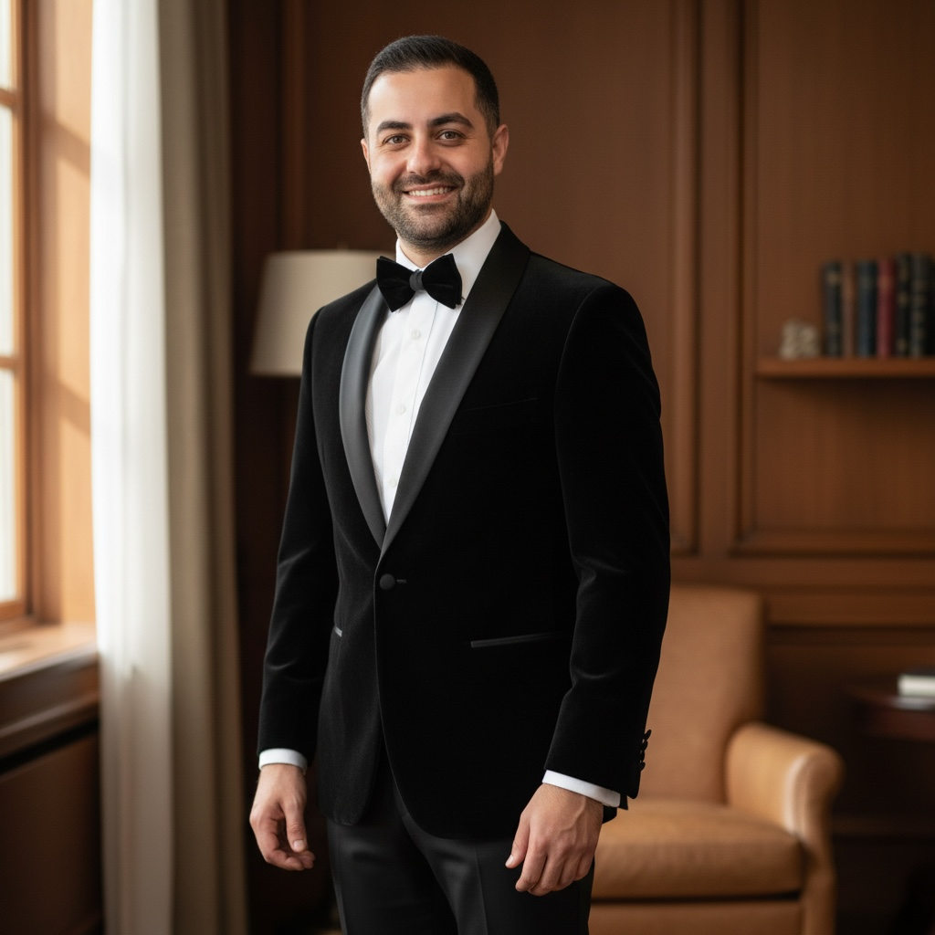 Man in a black blazer and black slacks standing in a room with wooden paneling and a lamp.