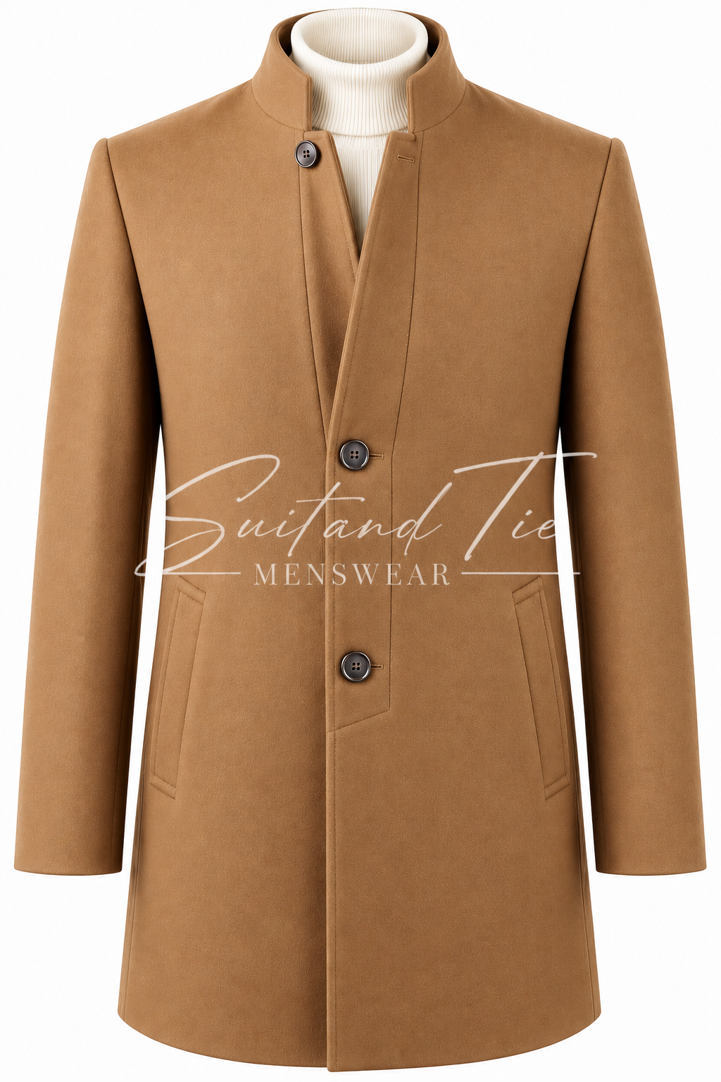 A camel brown men's coat with a stand collar, three dark buttons, and front patch pockets, shown on a white background with a cream turtleneck underneath. A 'Suitand Tie MENSWEAR' watermark is visible across the center.
