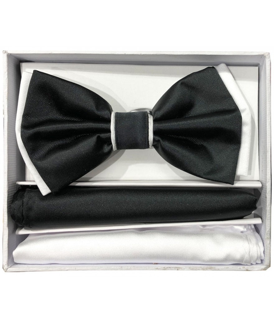 BRAND Q ~ BT2T100 ~ PRETIED 2 TONE SATIN BOW TIE W/ 2-HANKIES