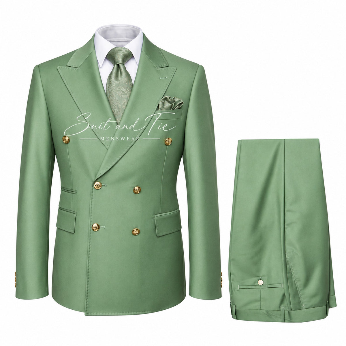 A men's two-piece suit in sage green with gold buttons, shown on a white background with a white dress shirt, green tie, and matching pocket square. The image includes a watermark reading 'Suit and Tie'.