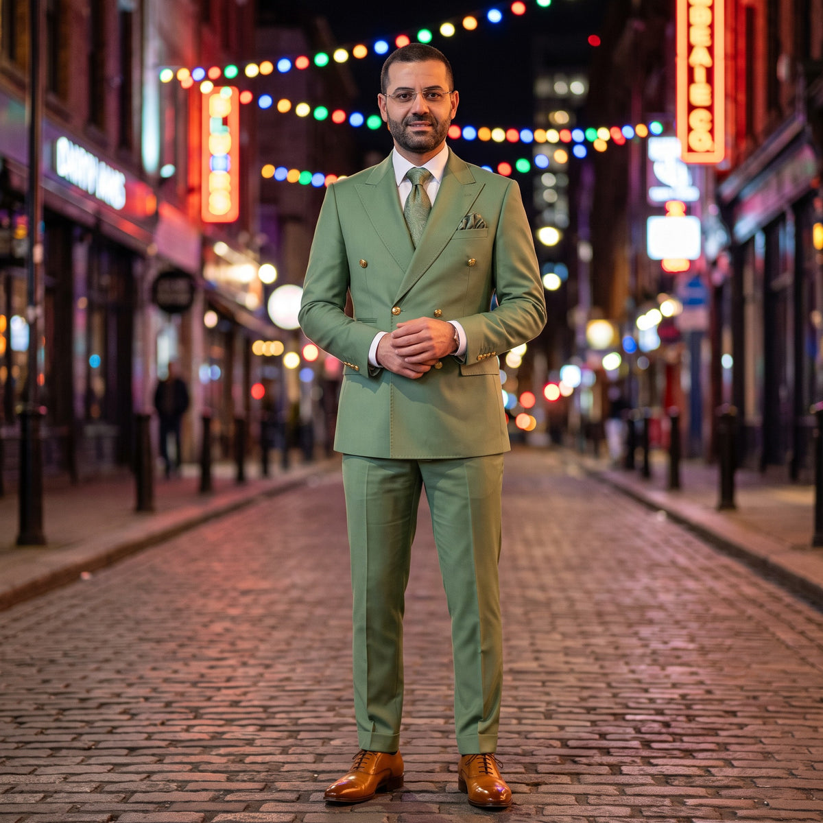 A man wearing a light olive green double-breasted suit with gold buttons, a white shirt, and a green tie stands on a cobblestone street at night with colorful string lights and neon signs in the background.